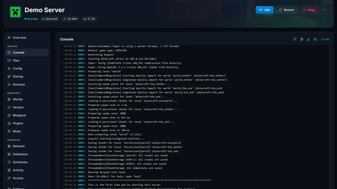 Live-Serverkonsole im Panel mit gestreamter Log-Ausgabe