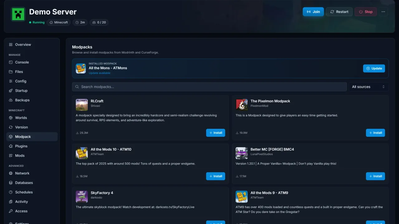 Modpack-Übersicht im Panel mit installierbaren Packs
