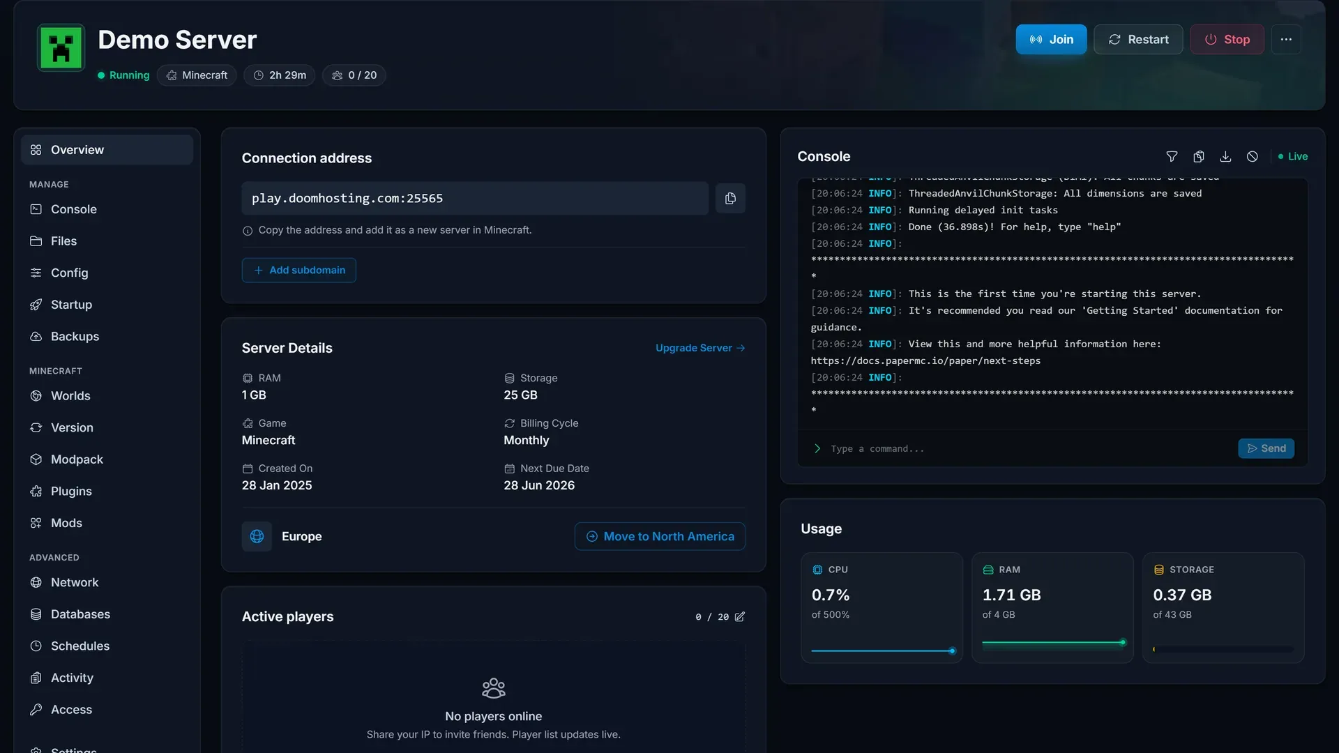 Übersicht des SpieleHost-Gamepanels mit Serverstatus, Ressourcenverbrauch und Schnellaktionen