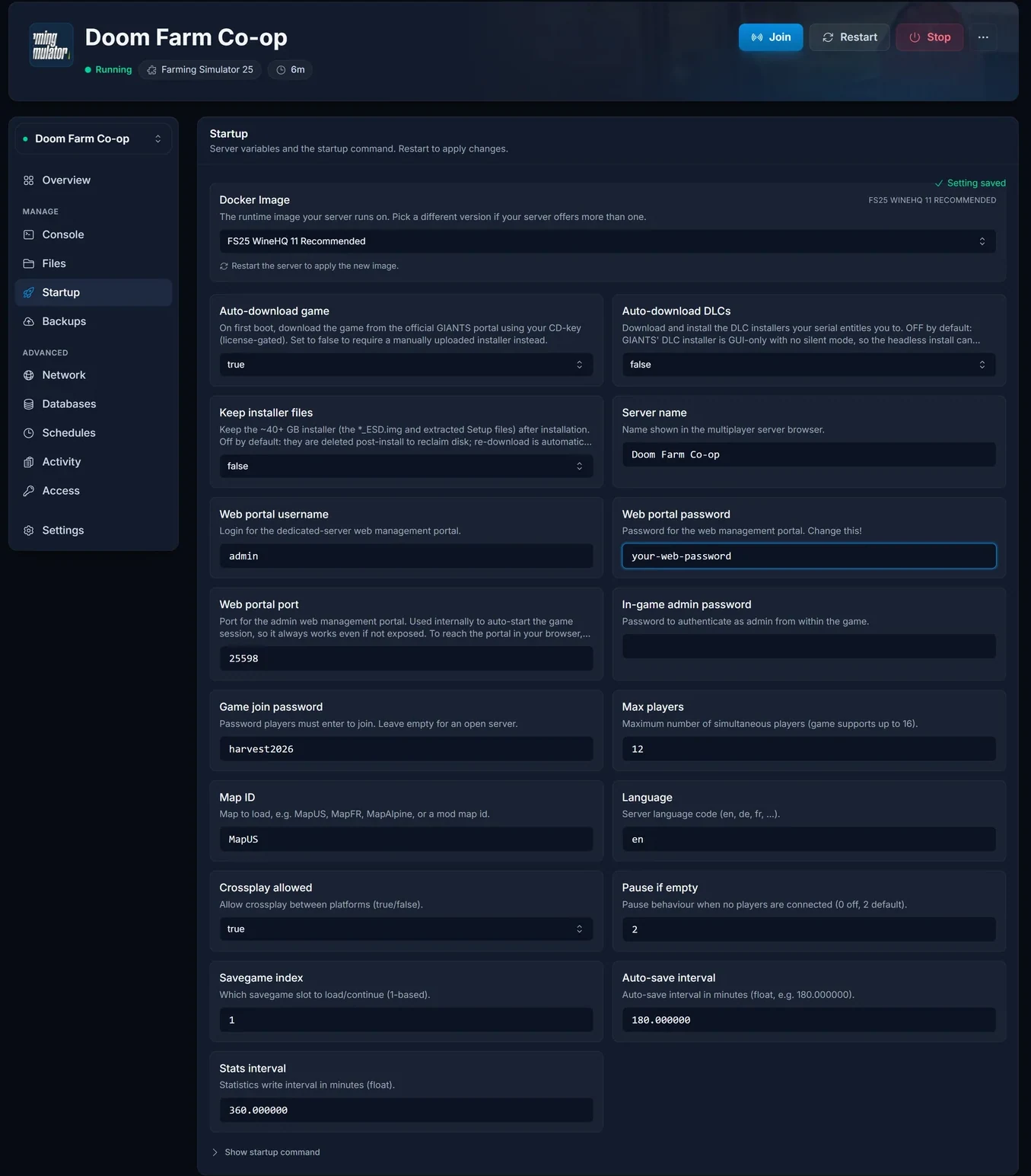 Der Reiter Startup im Panel mit Servername, Passwörtern, Sprache und Spielerlimit